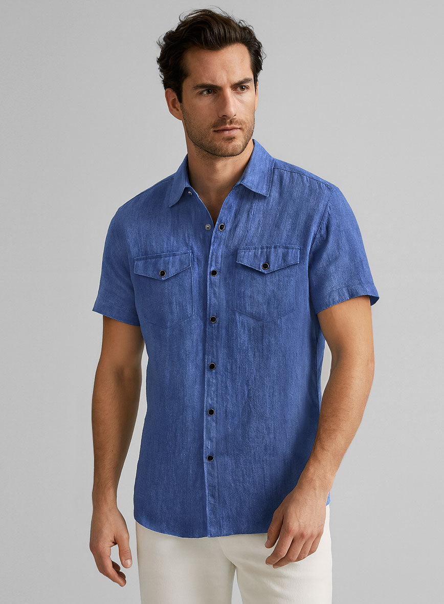 European Cruise Blue Linen Western Style Shirt - StudioSuits