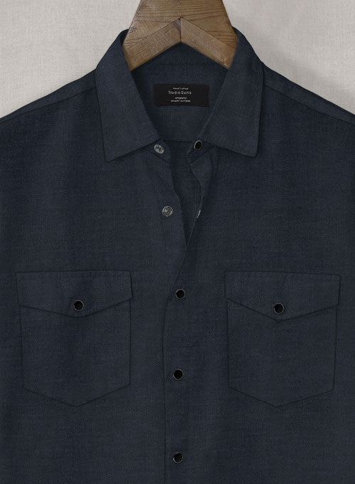 European Dark Blue Linen Western Style Shirt - StudioSuits