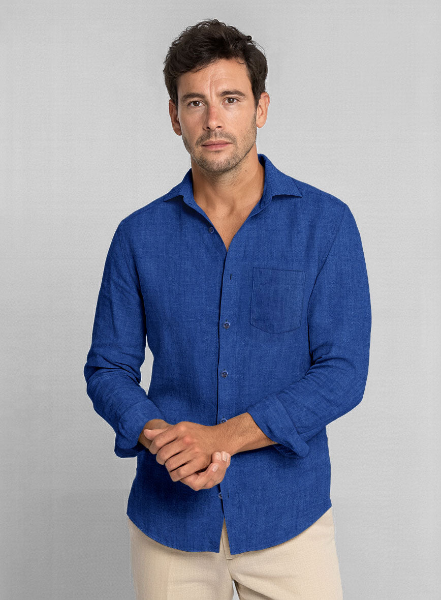 European Sapphire Blue Linen Shirt - StudioSuits