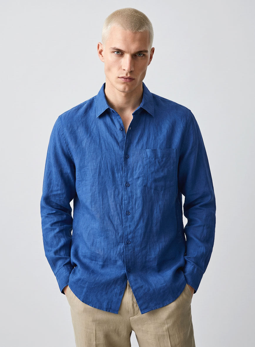 European Sapphire Blue Linen Shirt - StudioSuits