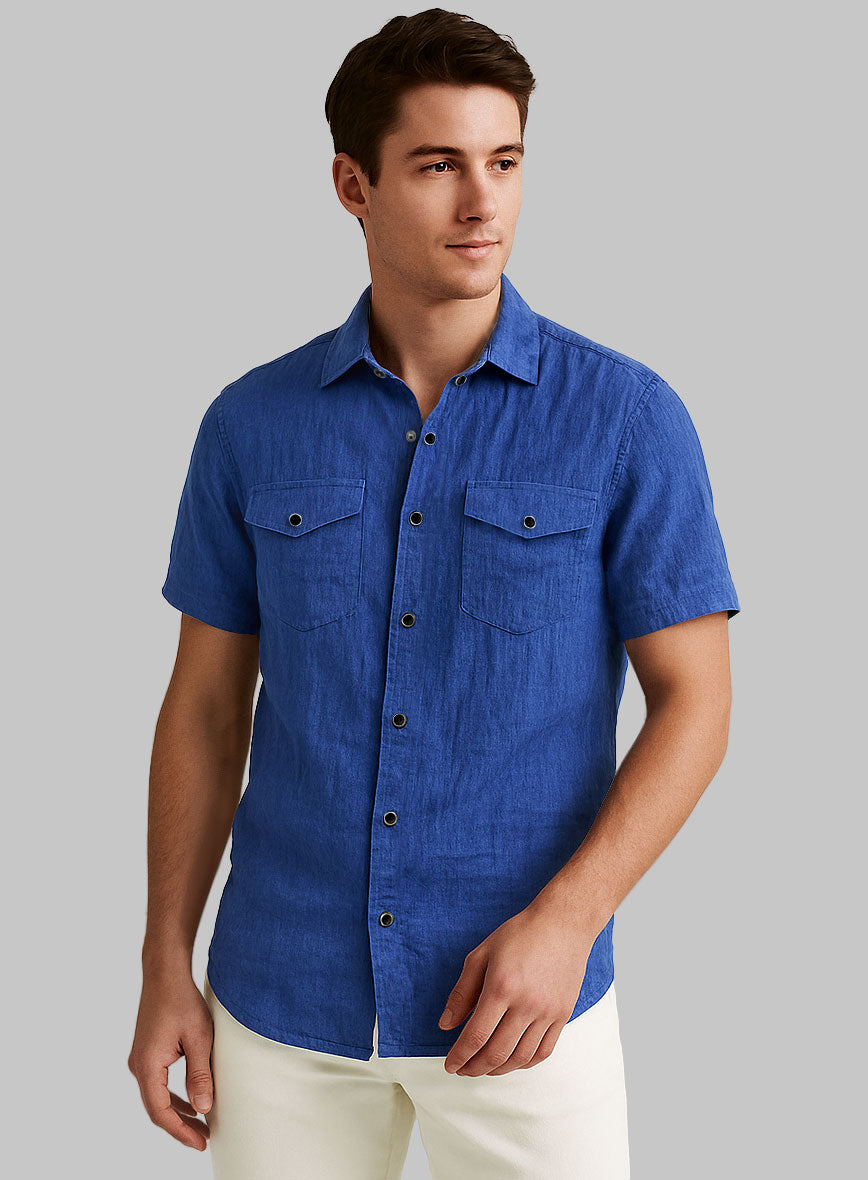 European Sapphire Blue Linen Western Style Shirt - StudioSuits
