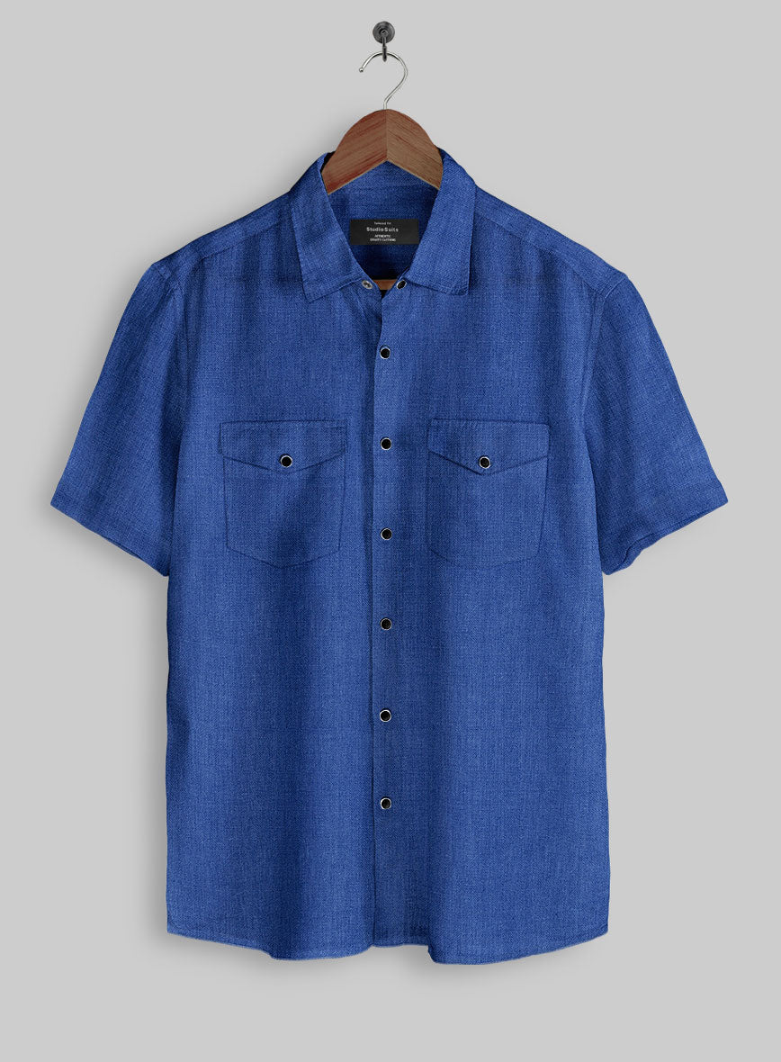 European Sapphire Blue Linen Western Style Shirt - StudioSuits