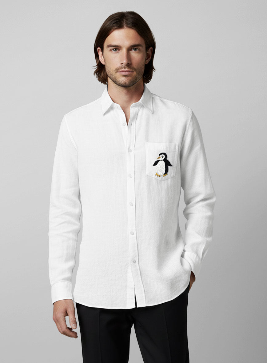 European White Linen Penguin Embroidered Shirt - StudioSuits
