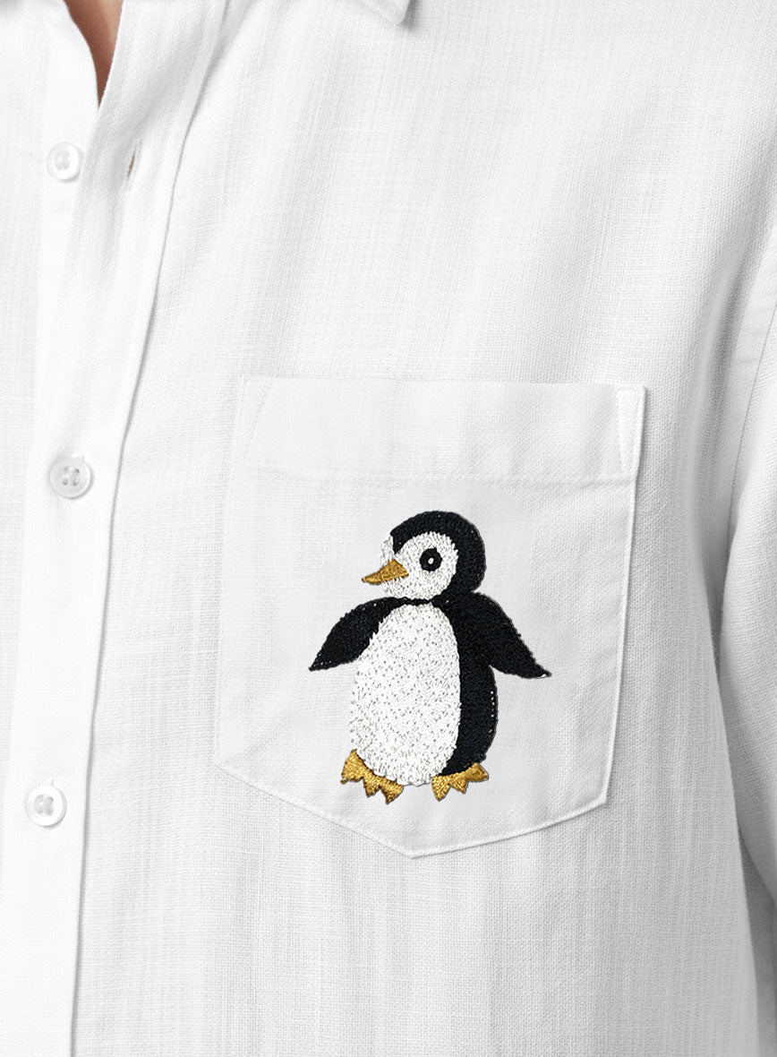 European White Linen Penguin Embroidered Shirt - StudioSuits