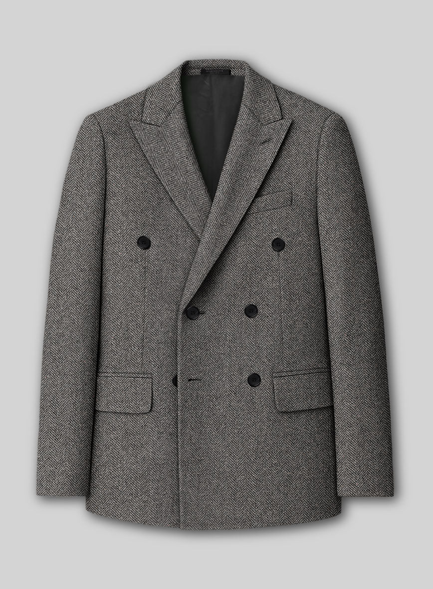 Gray Herringbone Flecks Donegal Tweed Double Breasted Jacket - StudioSuits