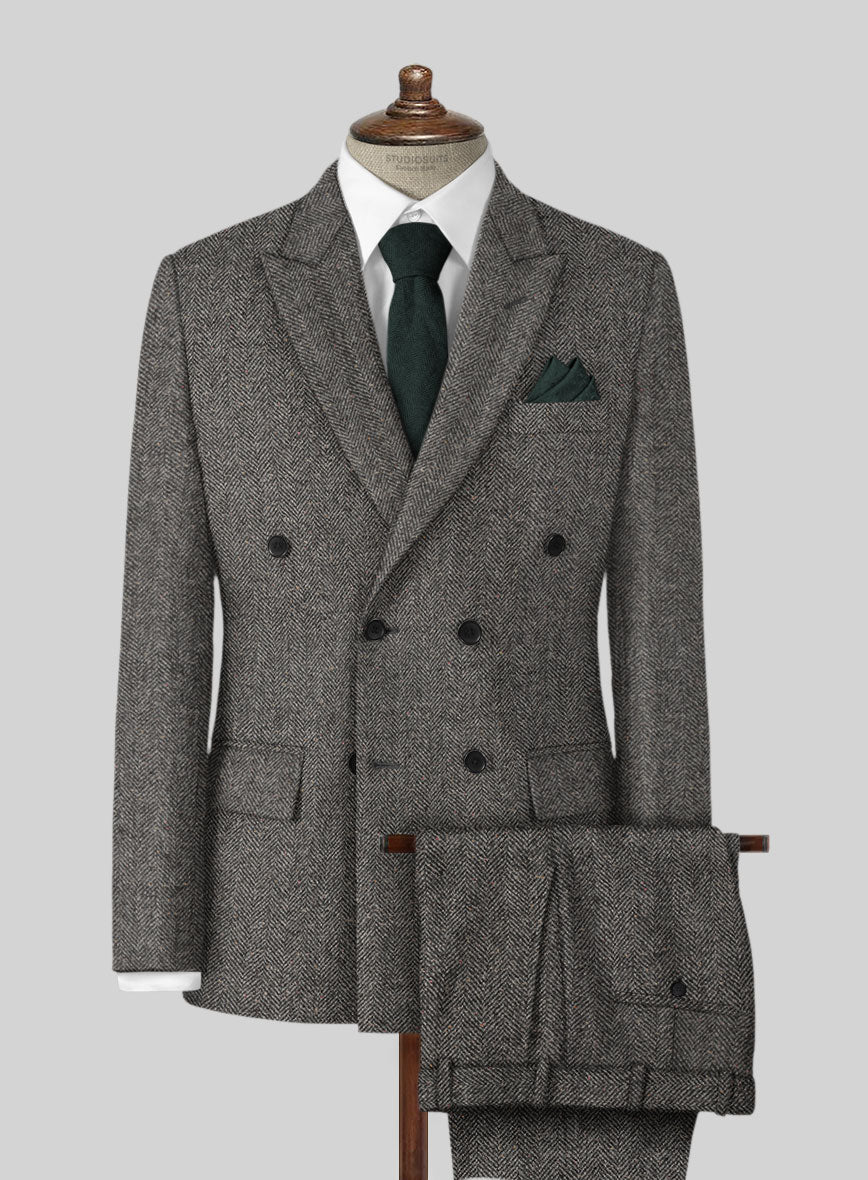 Gray Herringbone Flecks Donegal Tweed Double Breasted Suit - StudioSuits