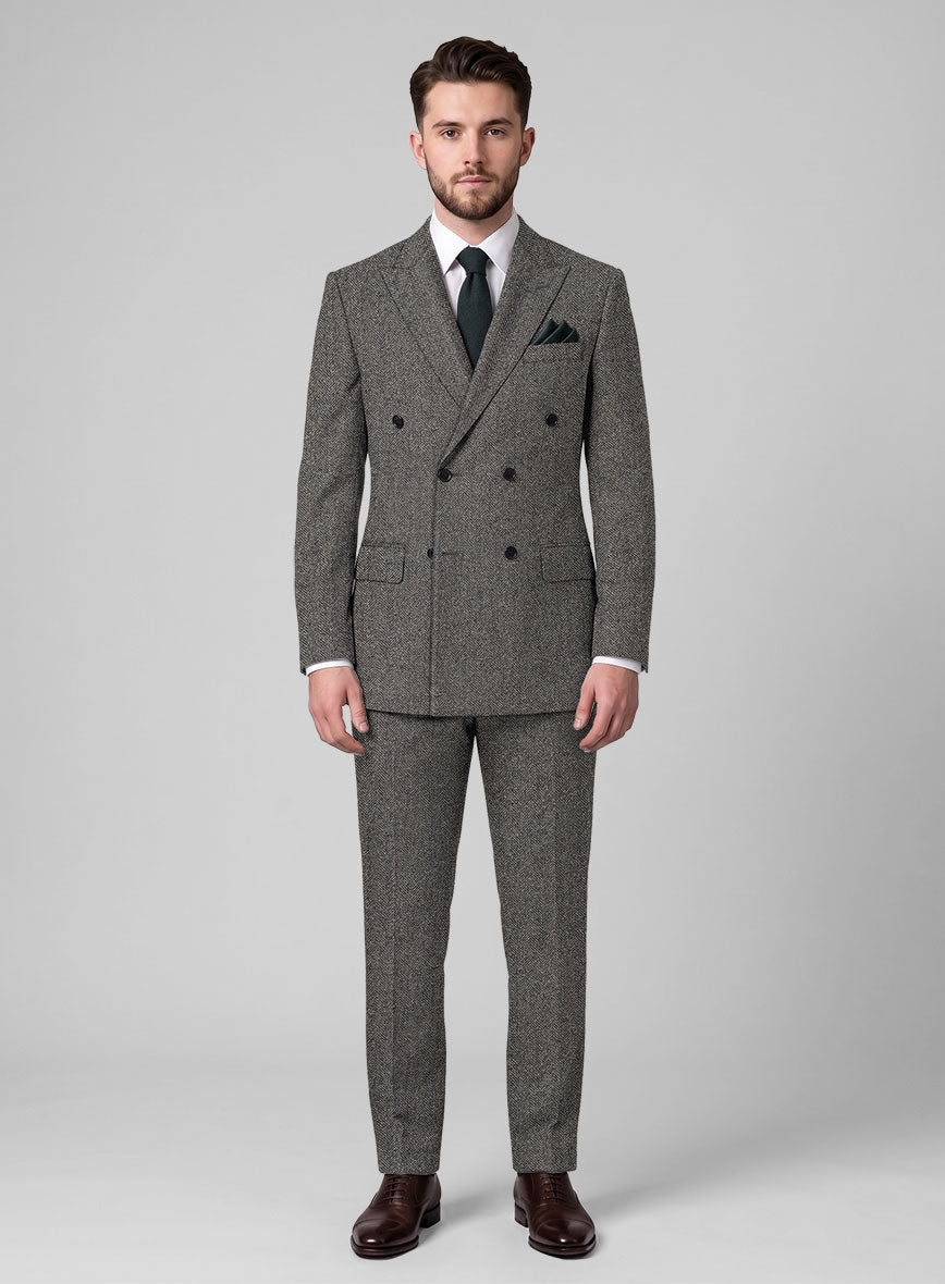 Gray Herringbone Flecks Donegal Tweed Double Breasted Suit - StudioSuits