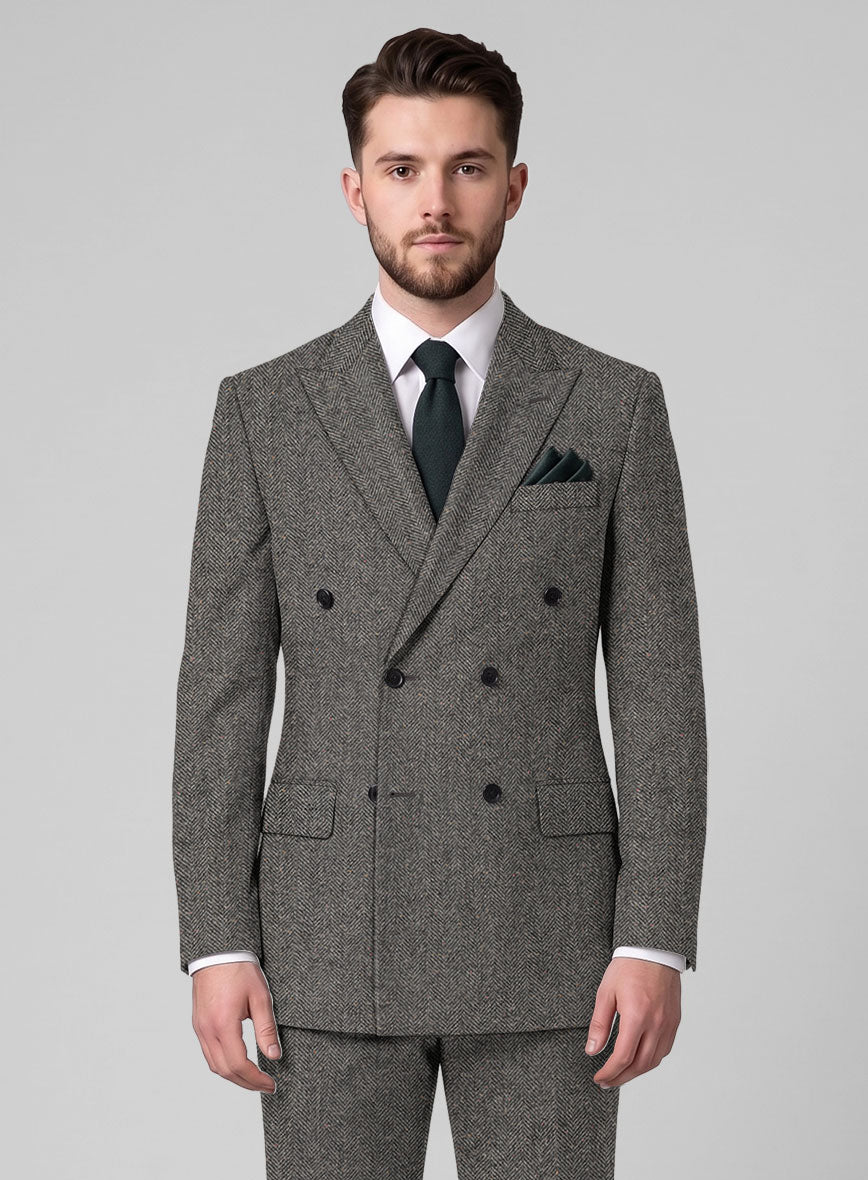 Gray Herringbone Flecks Donegal Tweed Double Breasted Suit - StudioSuits