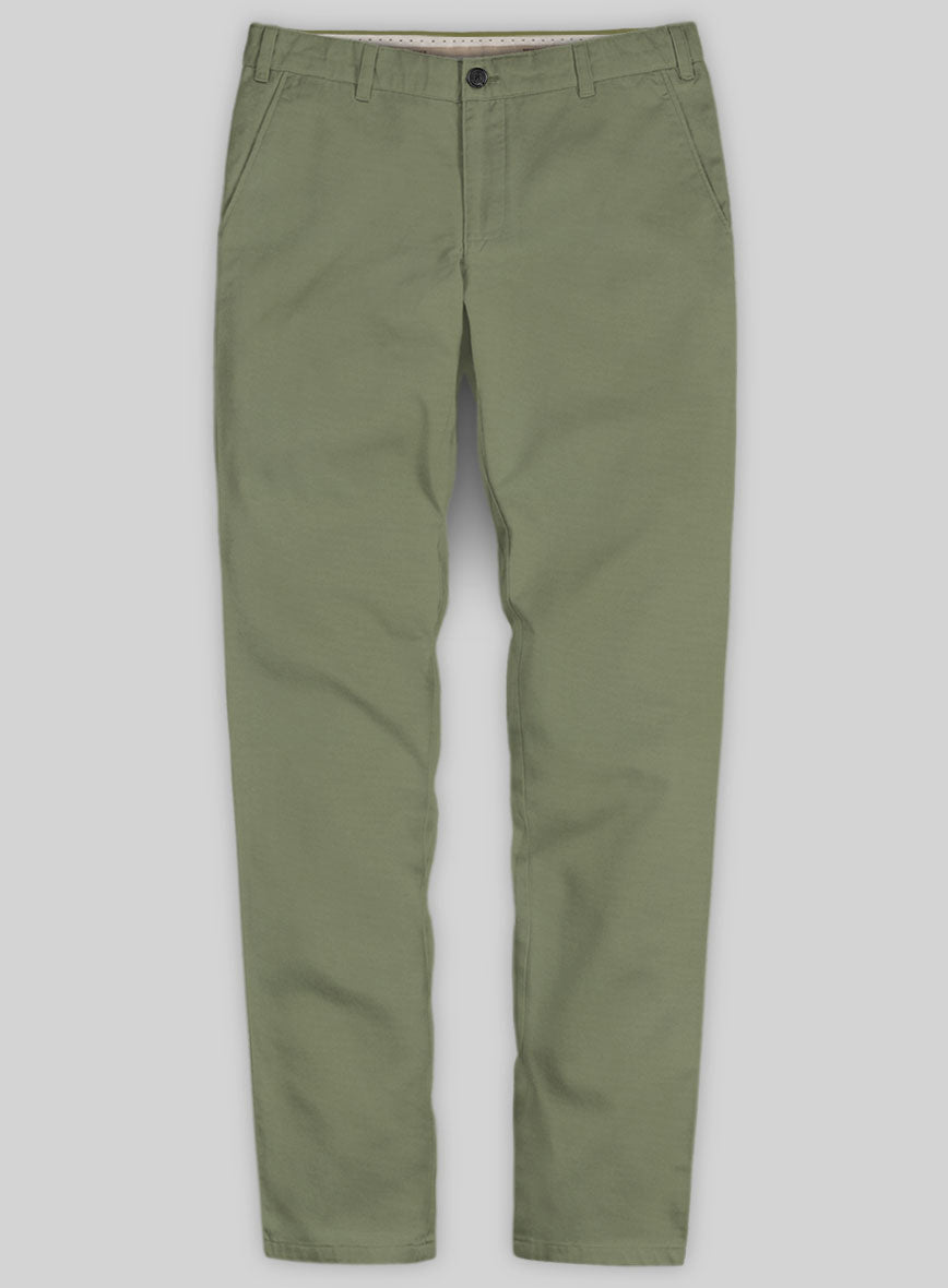 Washed Green Feather Cotton Canvas Stretch Chino Pants