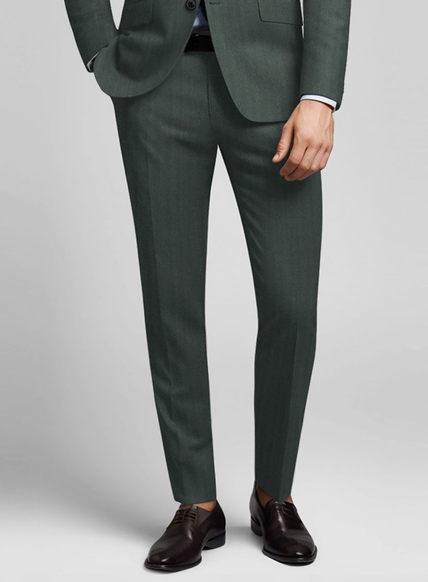 Green Herringbone Wool Pants - StudioSuits