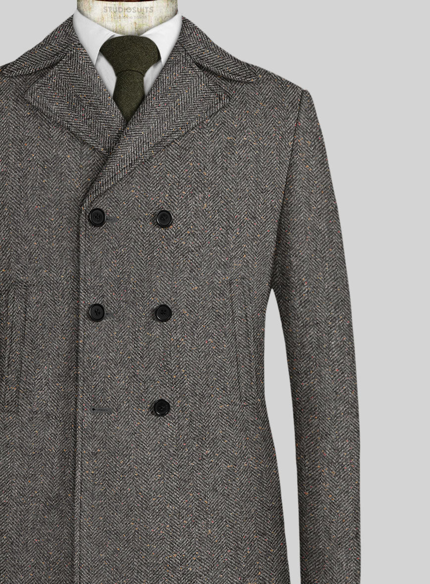 Gray Herringbone Flecks Donegal Tweed Pea Coat - StudioSuits