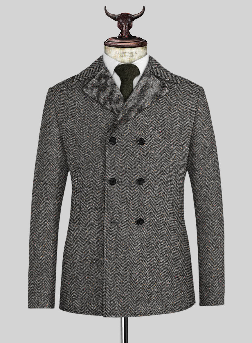 Gray Herringbone Flecks Donegal Tweed Pea Coat - StudioSuits