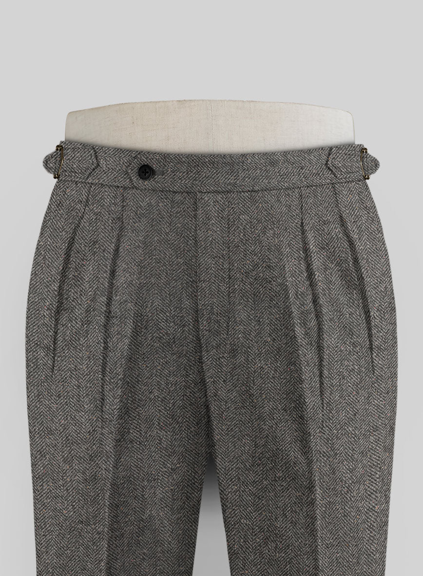 Gray Herringbone Flecks Donegal Highland Tweed Trousers - StudioSuits