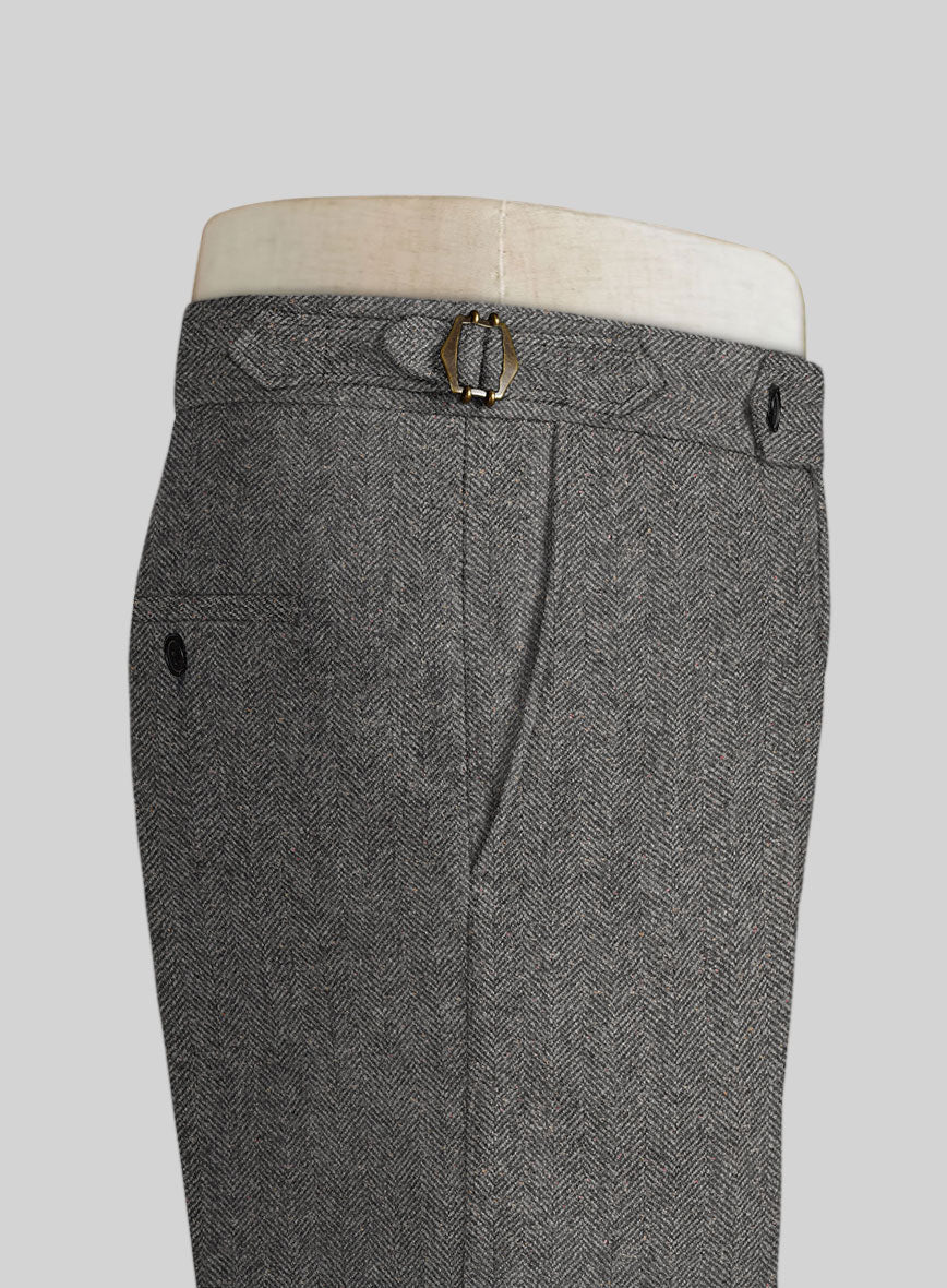 Gray Herringbone Flecks Donegal Highland Tweed Trousers - StudioSuits