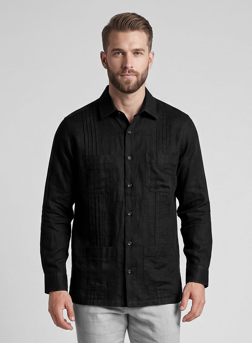 Guayabera Pure Black Linen Shirt - StudioSuits