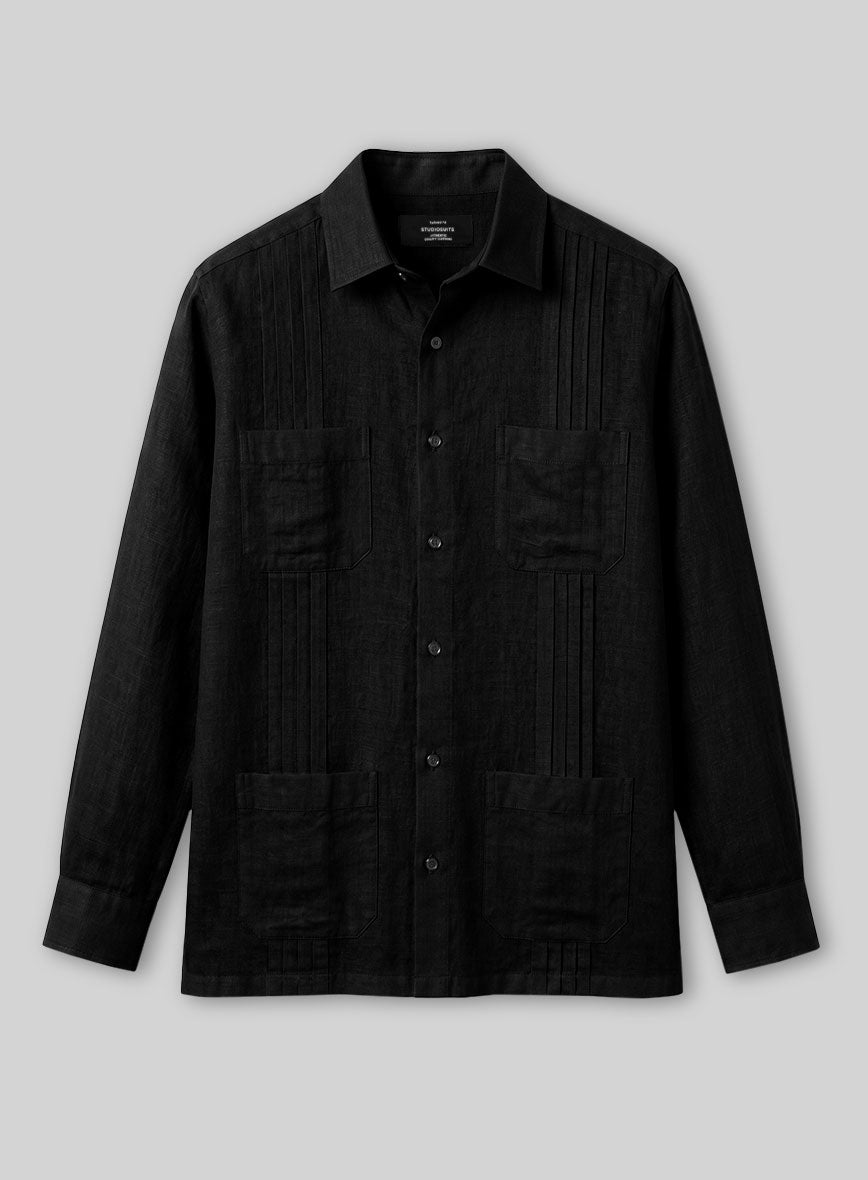 Guayabera Pure Black Linen Shirt - StudioSuits