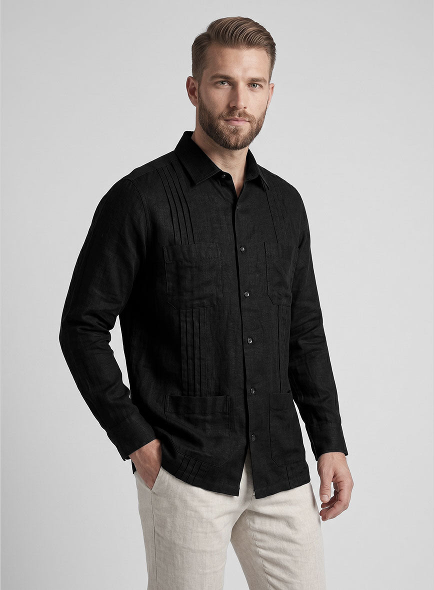 Guayabera Pure Black Linen Shirt - StudioSuits