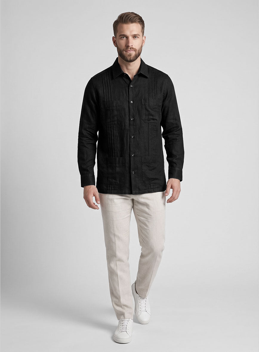 Guayabera Pure Black Linen Shirt - StudioSuits