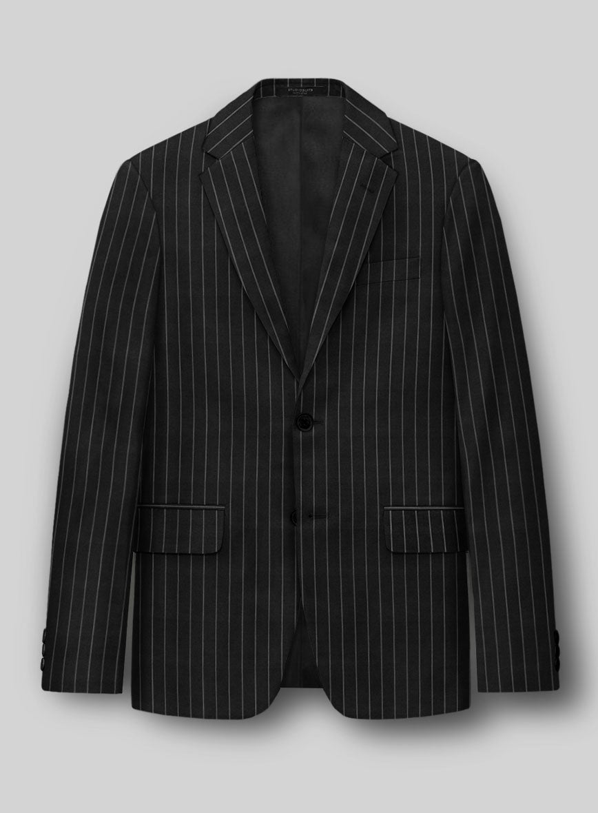 Front view of a black rope stripe wool jacket with notch lapel and flap pockets, flat lay