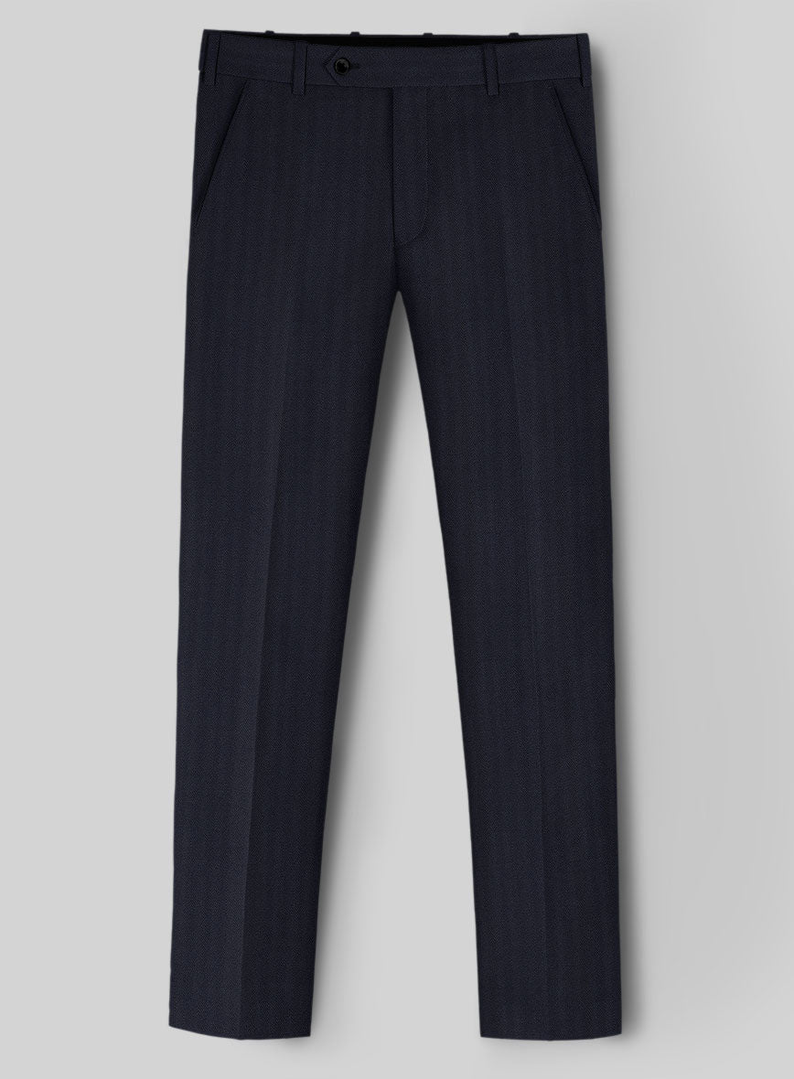 Navy blue herringbone wool suit trousers, flat front view