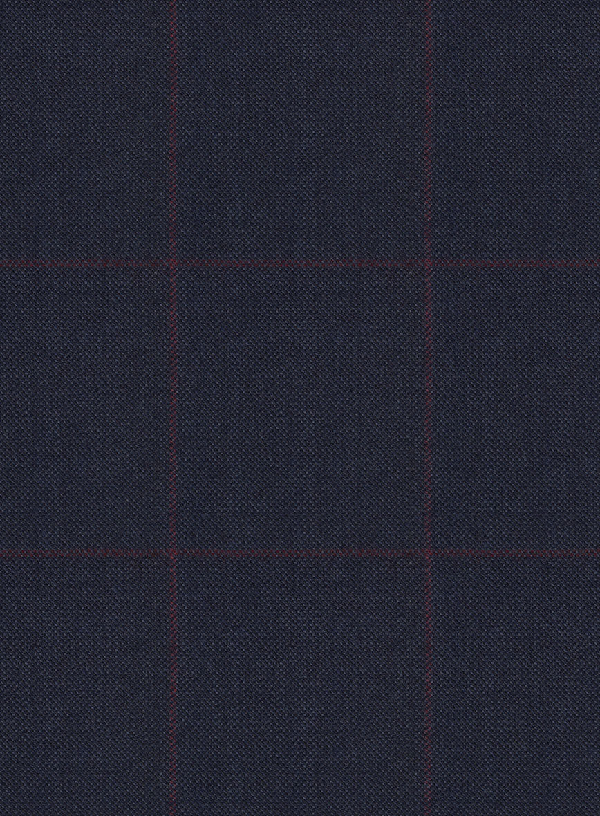Close-up of navy blue wool fabric with a burgundy windowpane check