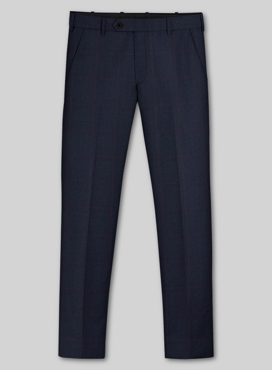 Front view of navy blue wool trousers with a burgundy windowpane check