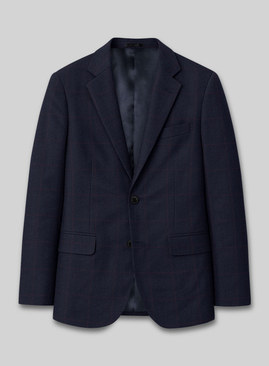 Front view of a navy blue wool jacket with burgundy windowpane check, notch lapel and flap pockets