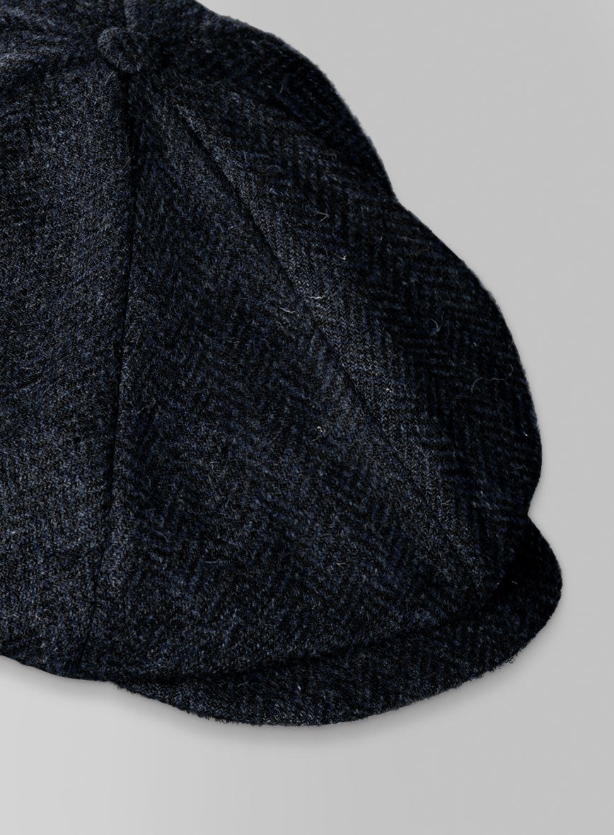 Harris Tweed Dark Blue Herringbone Newsboy Cap - StudioSuits