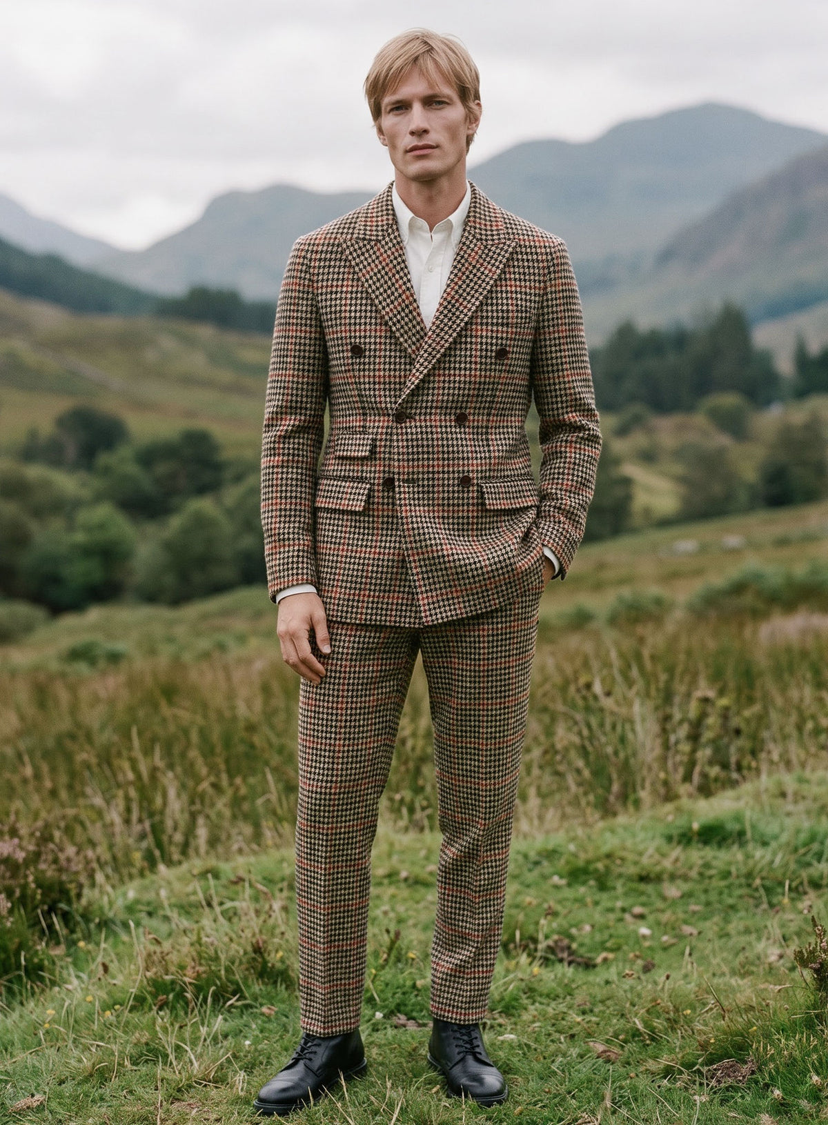 Harris Tweed Carmine Beige Double Breasted Suit - StudioSuits