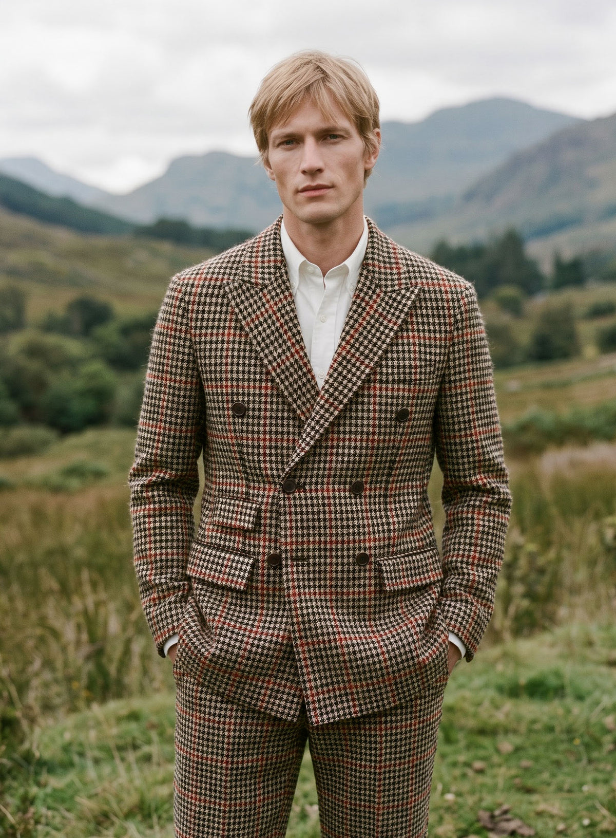 Harris Tweed Carmine Beige Double Breasted Suit - StudioSuits
