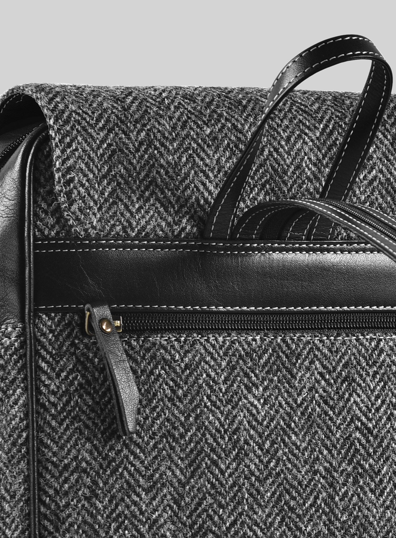 Harris Tweed Dark Gray Herringbone Flap Backpack - StudioSuits