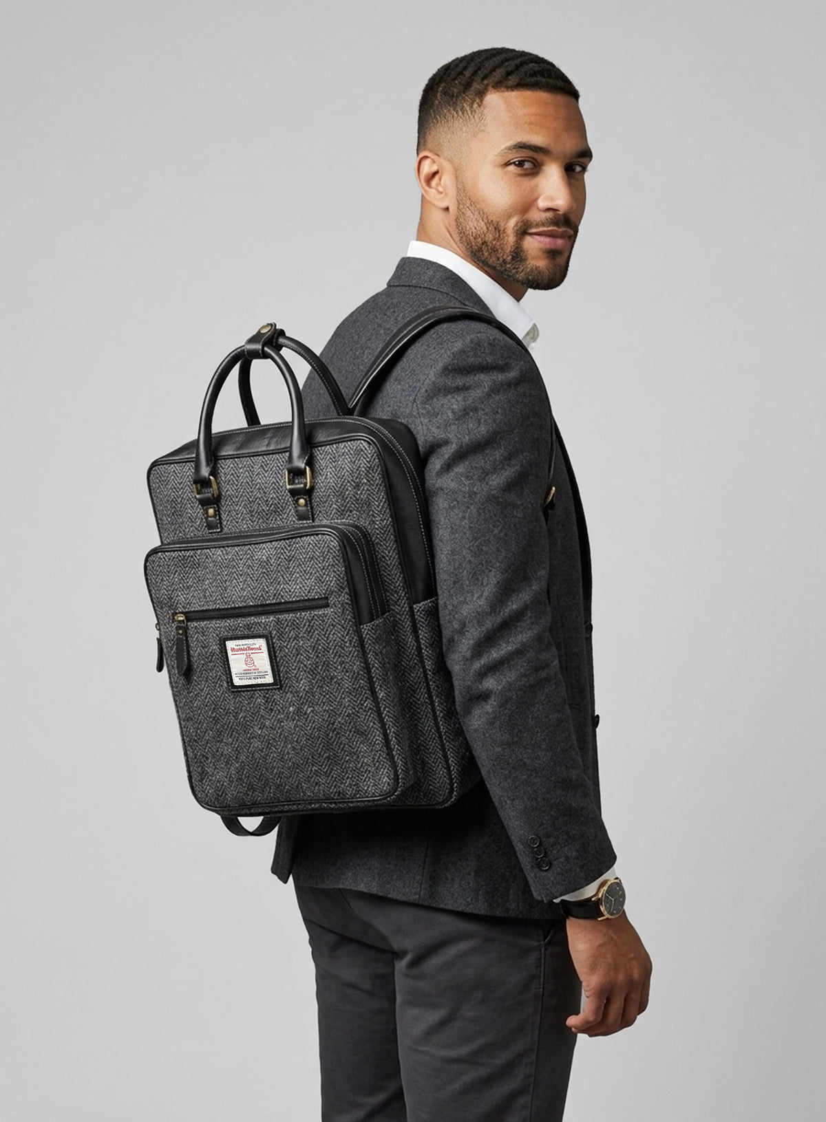 Harris Tweed Dark Gray Herringbone Backpack - StudioSuits