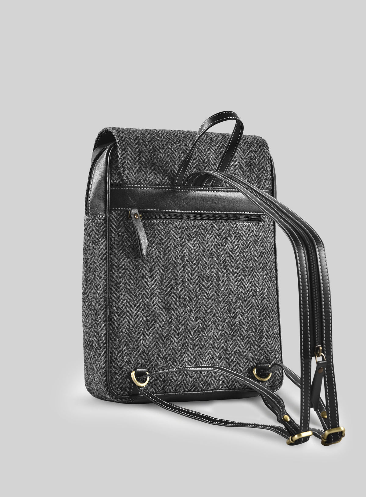 Harris Tweed Dark Gray Herringbone Flap Backpack - StudioSuits