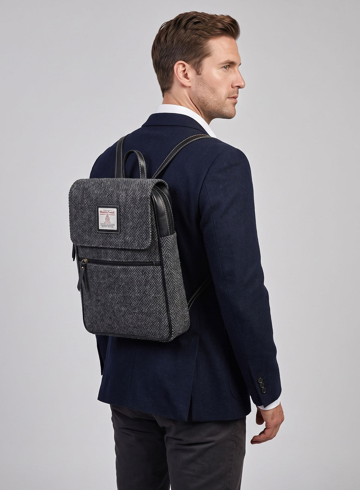 Harris Tweed Dark Gray Herringbone Flap Backpack - StudioSuits