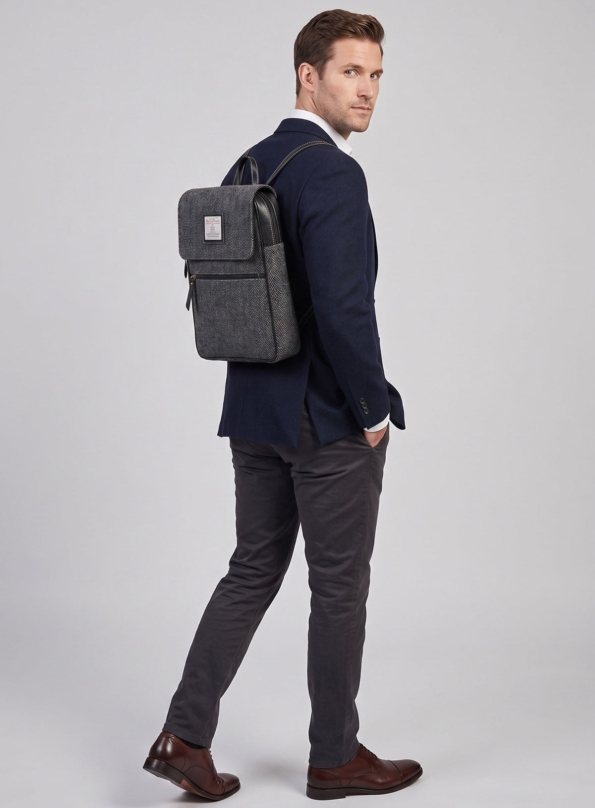 Harris Tweed Dark Gray Herringbone Flap Backpack - StudioSuits