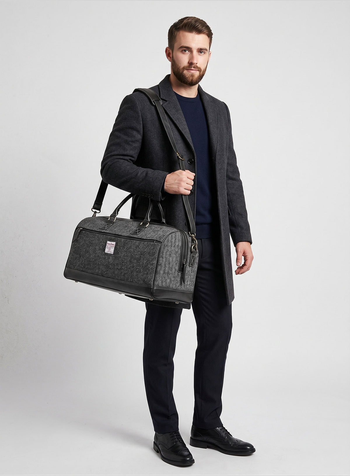 Harris Tweed Dark Gray Herringbone Travel Holdall Bag - StudioSuits