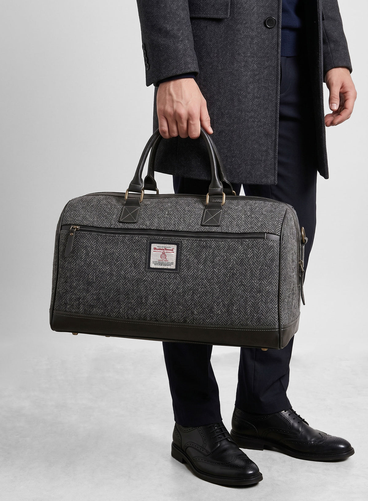Harris Tweed Dark Gray Herringbone Travel Holdall Bag - StudioSuits