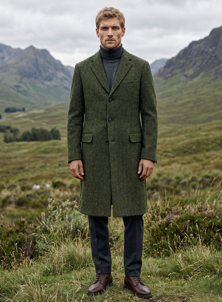 Harris Tweed Forest Green Herringbone Overcoat - StudioSuits