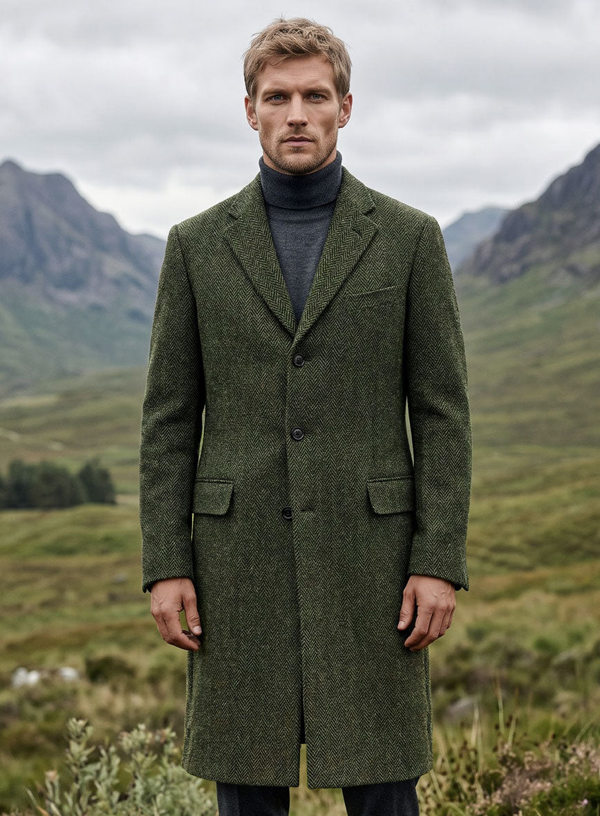 Harris Tweed Forest Green Herringbone Overcoat - StudioSuits