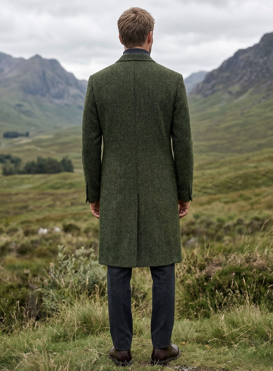 Harris Tweed Forest Green Herringbone Overcoat - StudioSuits
