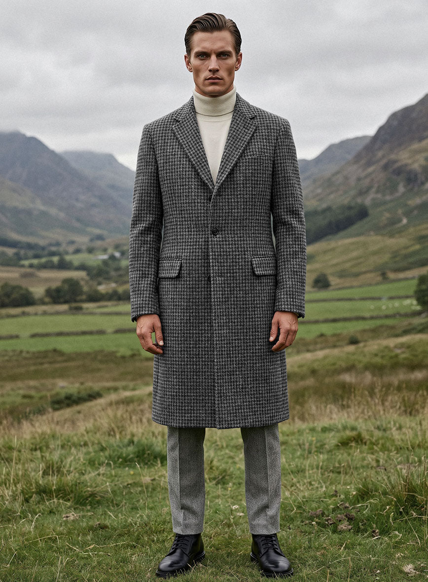 Harris Tweed Houndstooth Dark Gray Overcoat - StudioSuits