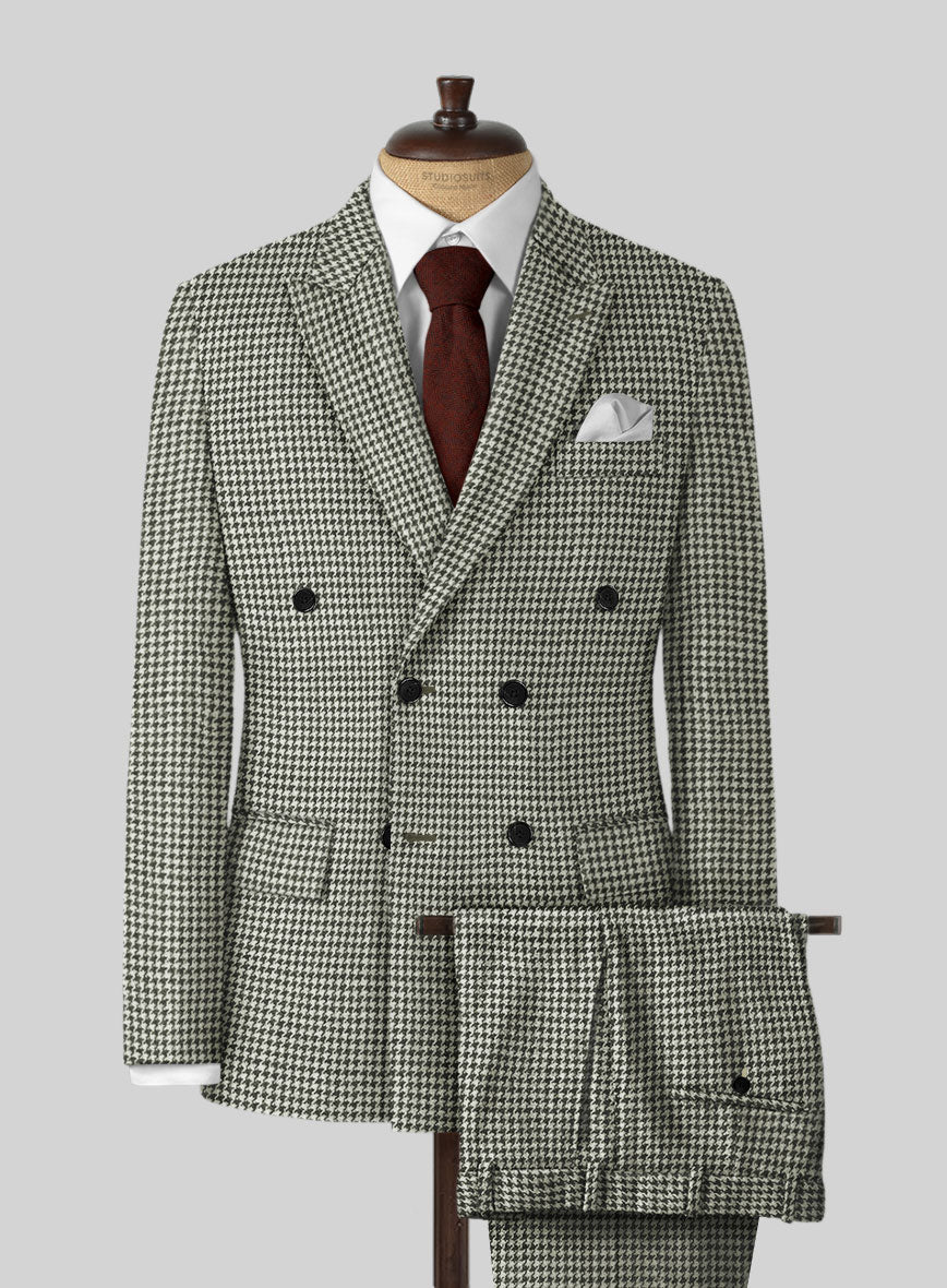 Harris Tweed Light Gray Houndstooth Double Breasted Suit - StudioSuits