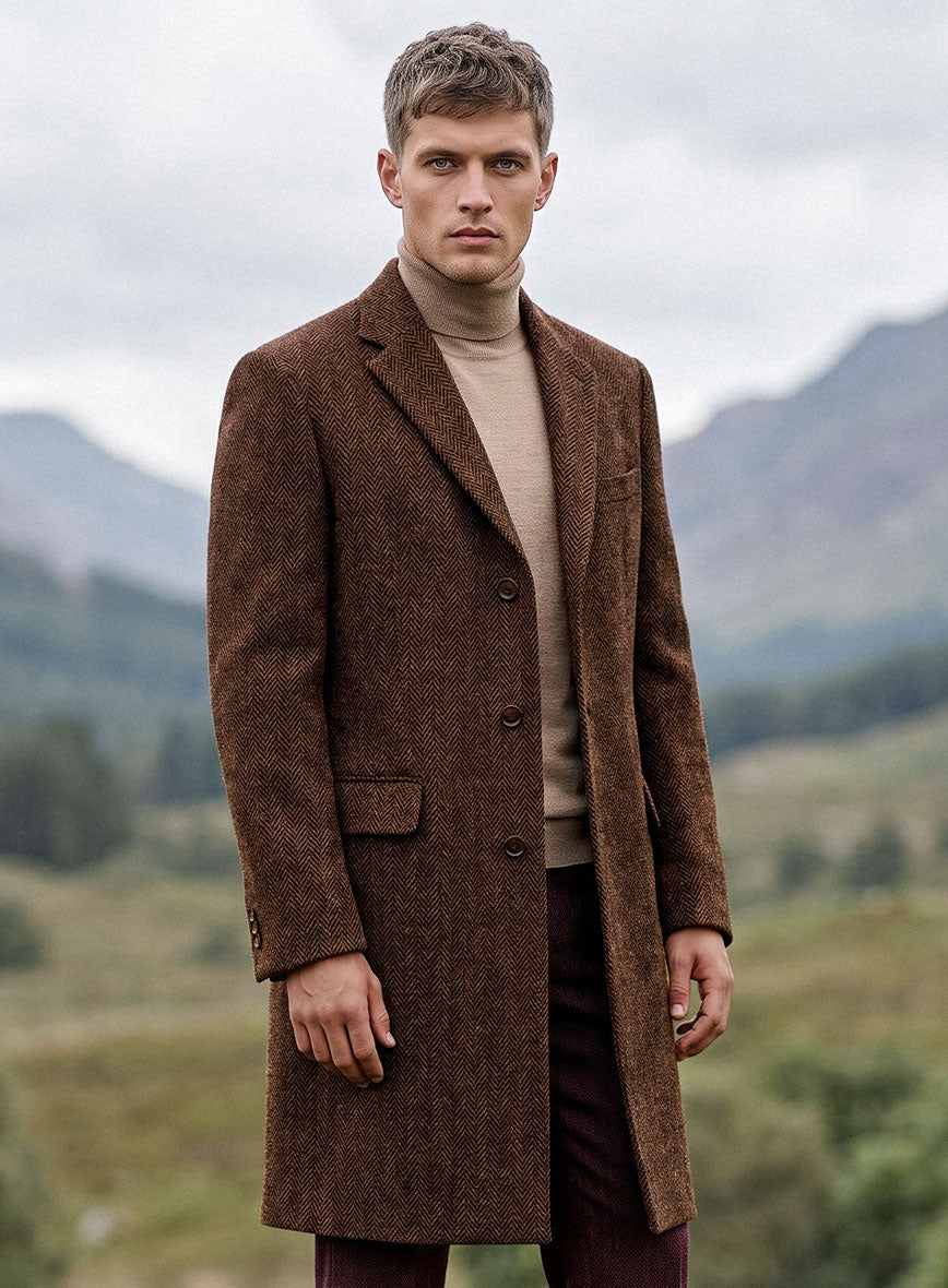 Harris Tweed Walnut Herringbone Overcoat - StudioSuits
