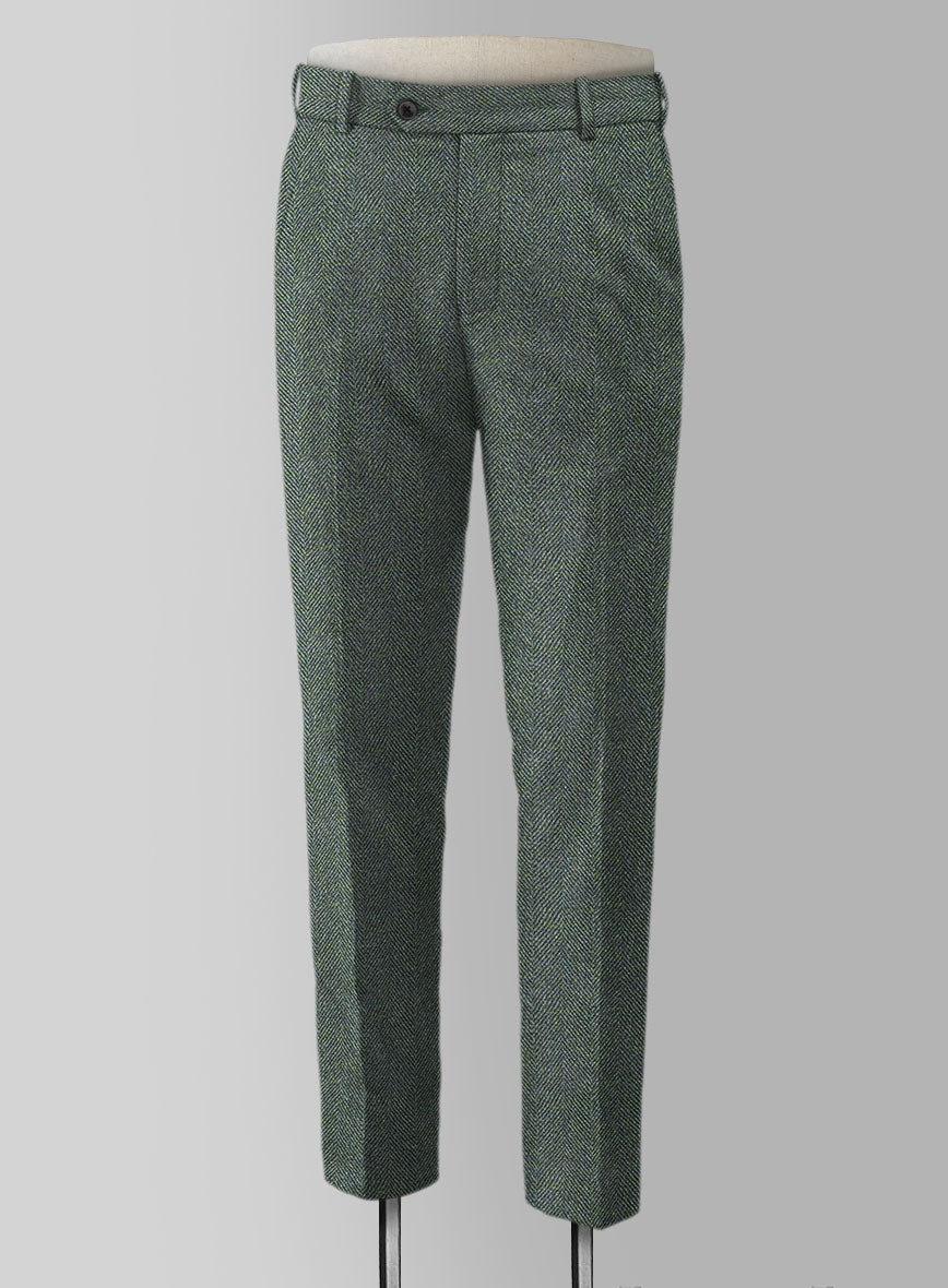 Harris Tweed Wide Herringbone Green Pants - StudioSuits