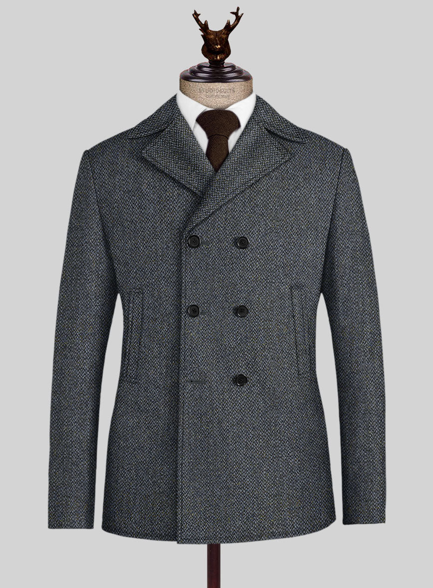 Harris Tweed Barley Blue Pea Coat - StudioSuits