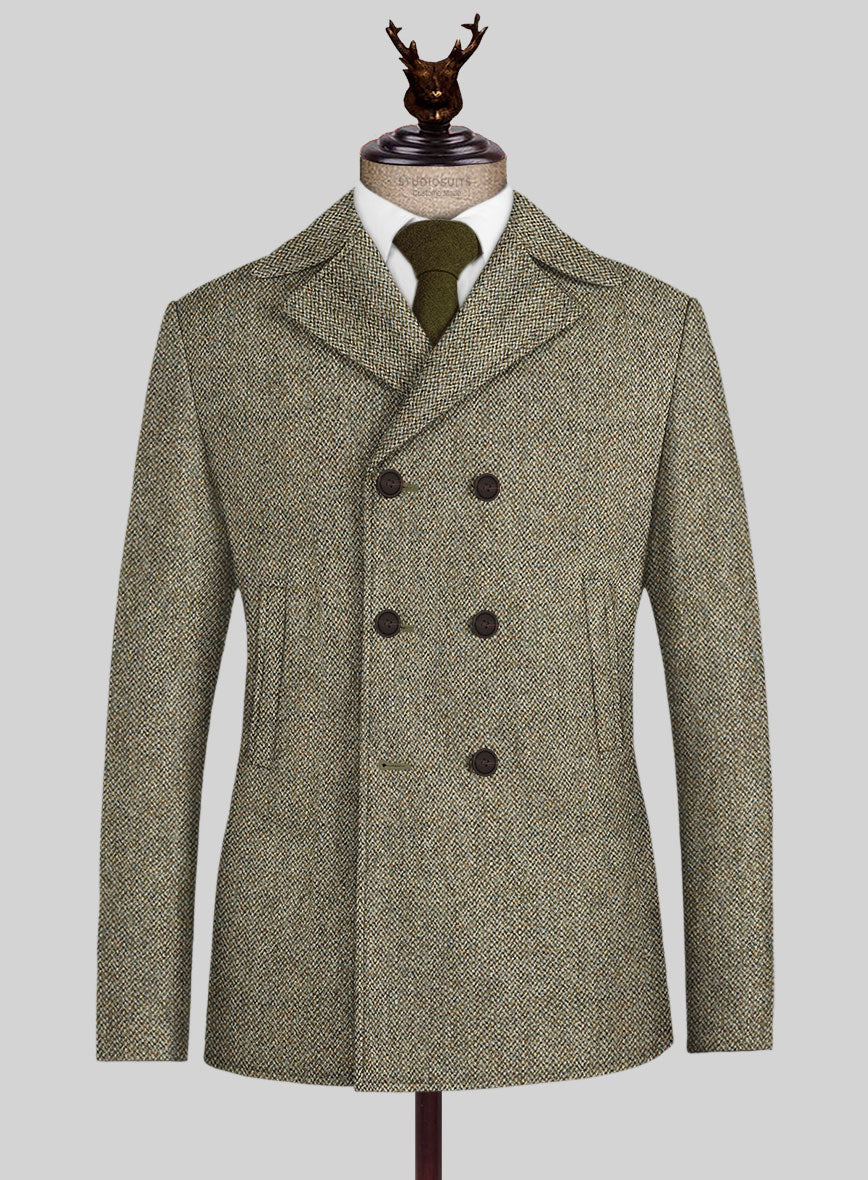 Harris Tweed Barley Brown Pea Coat - StudioSuits