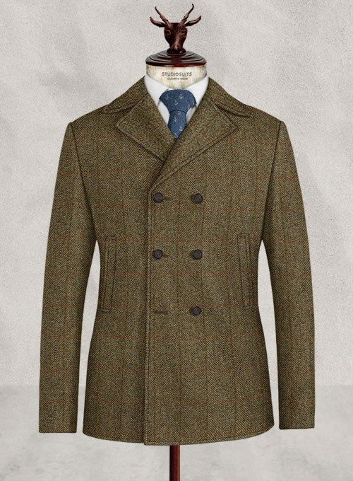 Harris Tweed Country Brown Check Pea Coat - StudioSuits