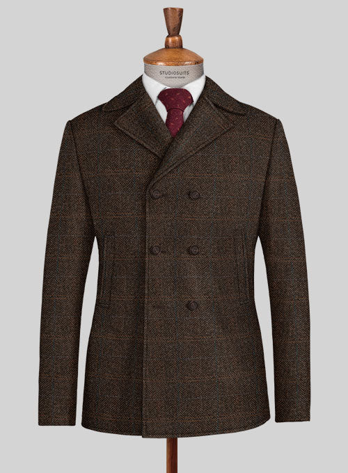 Harris Tweed Country Dark Brown Pea Coat - StudioSuits
