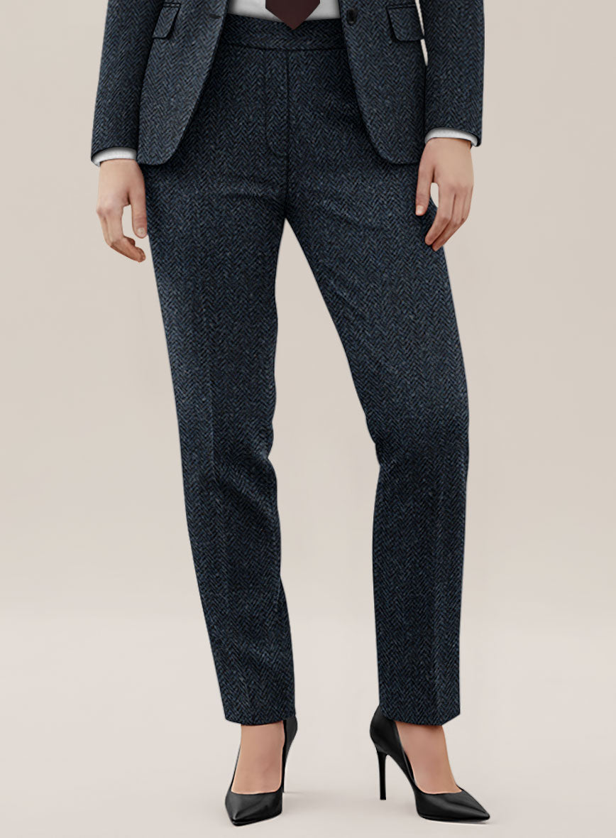 Women's Harris Tweed Dark Blue Herringbone Pants - StudioSuits