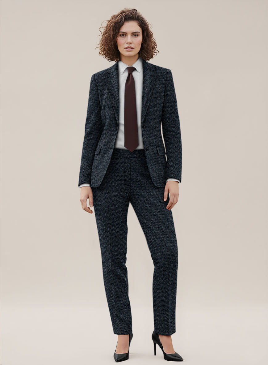 Women's Harris Tweed Dark Blue Herringbone Suit - StudioSuits